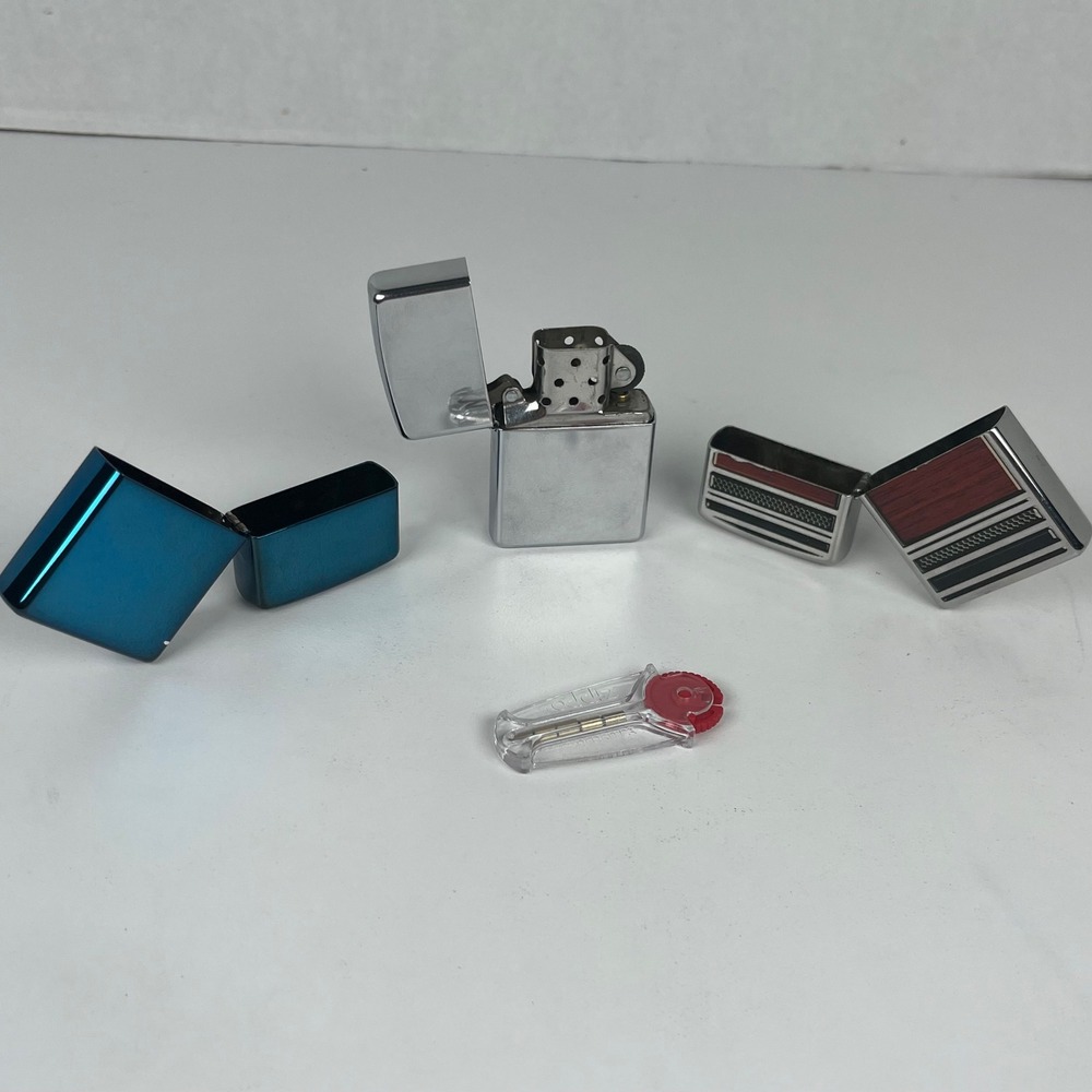 Zippo Lighter Lot 3 Lighters 2004 2009 2013 Chrome Teal Striped & Flint Set